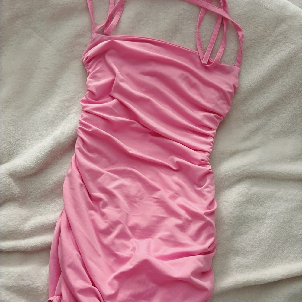 Amazon Pink Strappy Ruched Dress